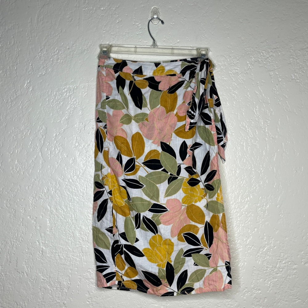 Rachel Zoe‎ 100% Linen Floral Faux Wrap Midi Skirt Pink Yellow Green Small